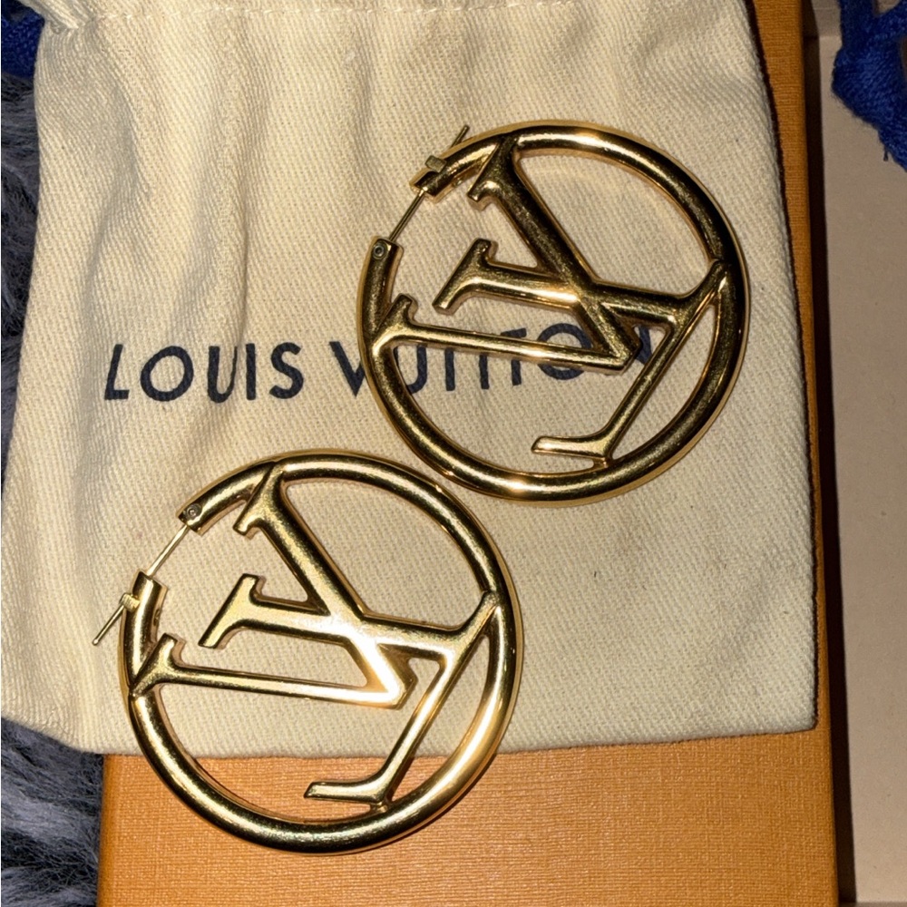 Louis Vuitton Gold Circular LV Logo Hoop Earrings